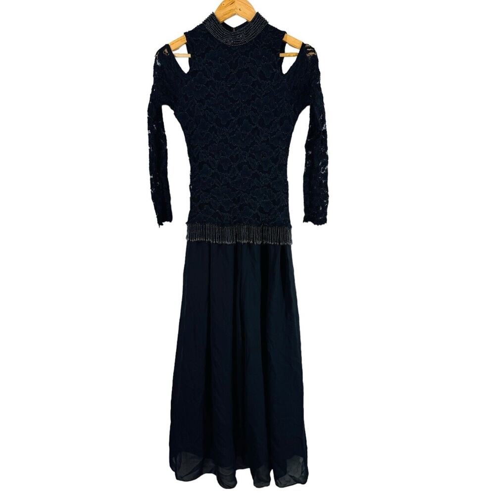 Alchemy By Joo Me Black Lace Beaded Jumpsuit Gothic Elvira Vintage MED Wide Leg